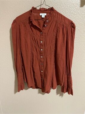 Sundance Rust Button-Front Ruffle Collar Blouse
